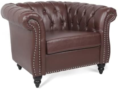 Single Sofa Chair,Modern PU Leather Button Tufted Upholstered Armchair with Rolled Arms,Chesterfield Accent Club Armchair with Solid Wood Legs for Living Room Bedroom Office, Dark Brown