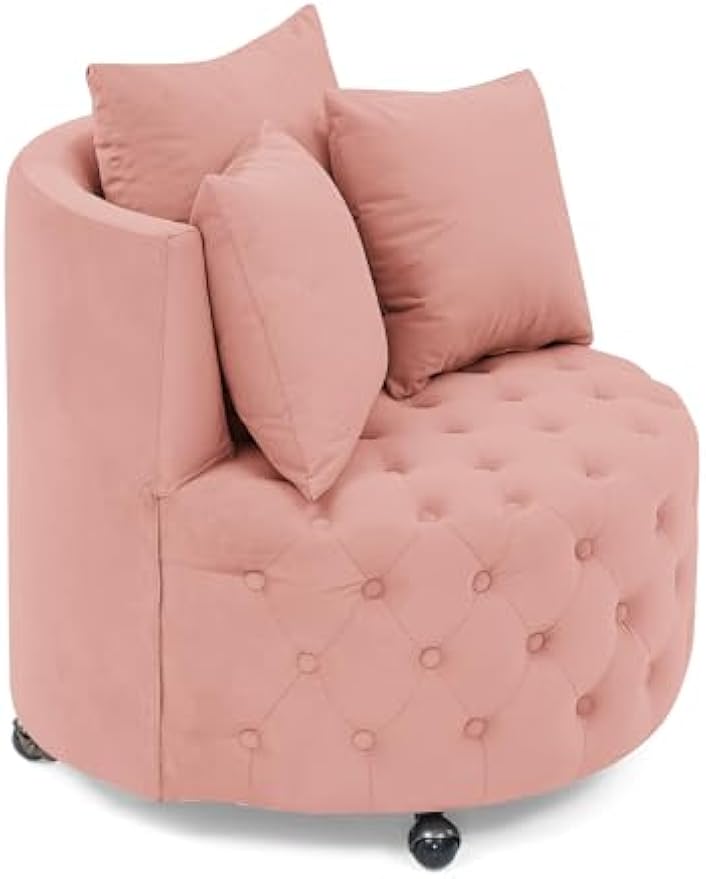 Velvet Upholstered Living Room Swivel, Button Tufted Design and Movable Wheels,Modern Style Home Office Rotary Sofa Chair,w/ 3 Pillows,for Bedroom,Hotel,Apartment,Pink