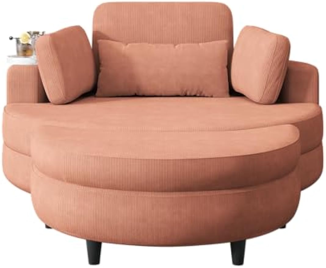 51" Oversized Round Accent Barrel Chair Leisure Chaise Lounge w/Removable Headrest and Cup Tray, Corduroy Upholstered Reading Armchair with Half Moon Storage Ottoman for Living Room Hotel Lobby
