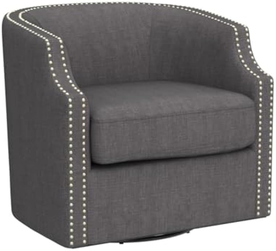 Swivel Glider Armchair for Living Room Bedroom Reading, Mid Century Modern Swivel Accent Chairs Barrel Chair Curved Arm Nailhead- 28.35 x 30.12 x 28.35 in (Dark Gray Linen, Single Club Chair)
