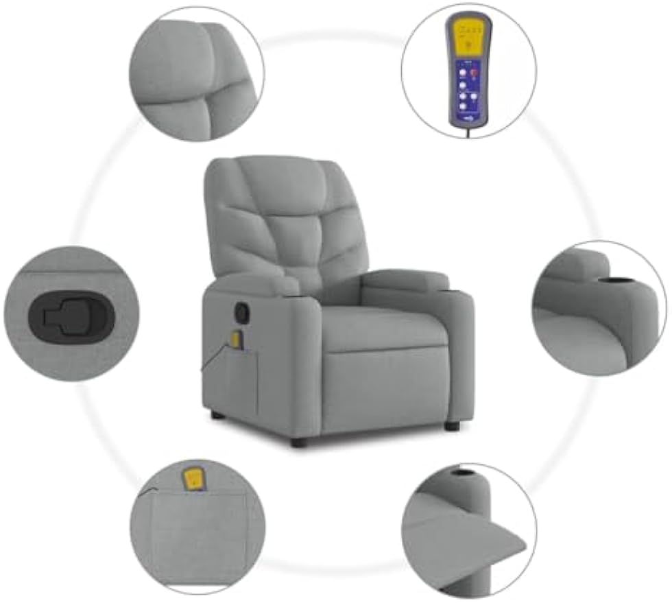 vidaXL Light Grey Fabric Massage Recliner Chair with Adjustable Armrests, Built-in Functionality Perfect for Living Rooms and TV Watching