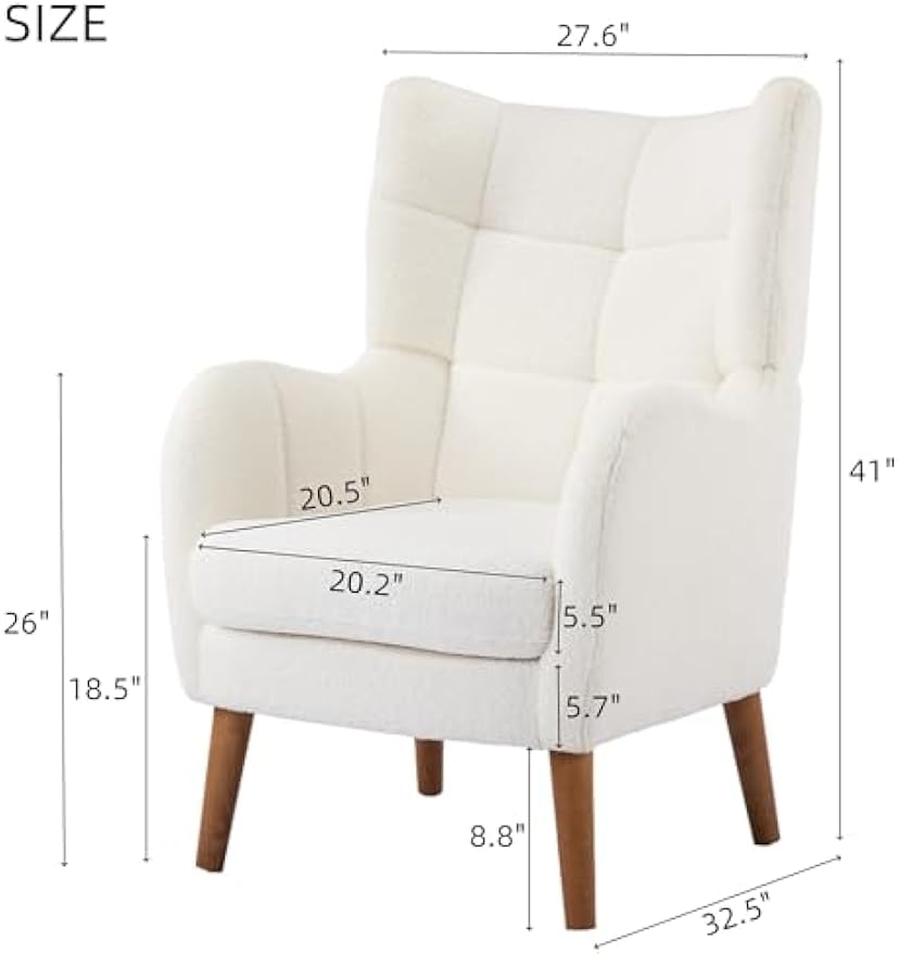 Accent Chair, Ivory White, Modern Retro Club Chair, Birch Frame, Upholstered Teddy Wool Fabric, Single Sofa Armchair for Small Spaces, Living Room, Bedroom, Reading Corner, Balcony,Office