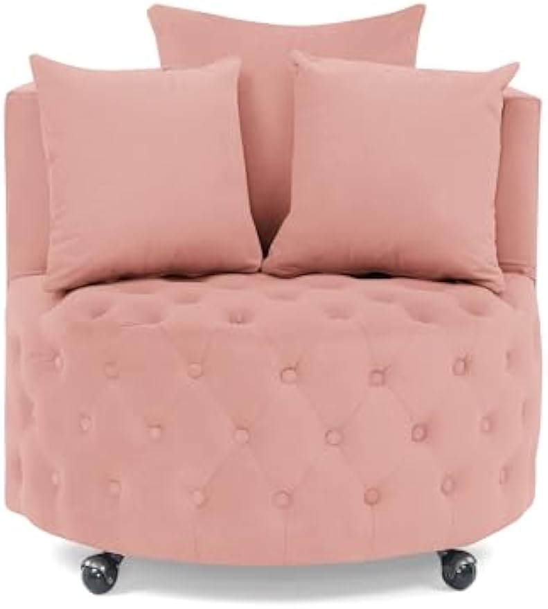 Velvet Upholstered Living Room Swivel, Button Tufted Design and Movable Wheels,Modern Style Home Office Rotary Sofa Chair,w/ 3 Pillows,for Bedroom,Hotel,Apartment,Pink