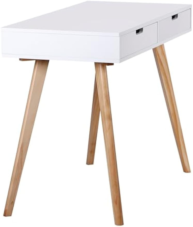 SUPER DEAL Mid Century Writing Computer Desk, Modern Home Office Laptop PC Desk with Two Storage Drawers & Solid Wood Legs, Console Table Makeup Vanity Table for Bedroom