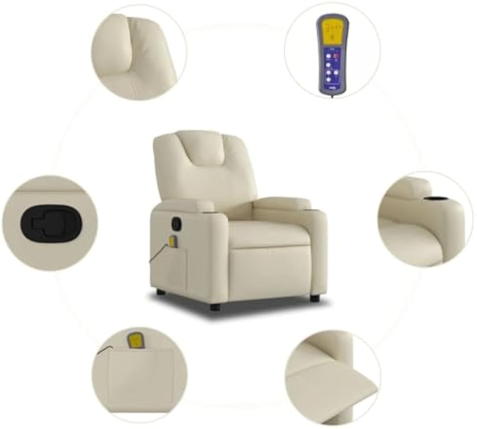 vidaXL Cream Faux Leather Massage Recliner Chair - Manual Recline, Vibration Massage, Convenient Cup Holders, Durable & Comfortable - Ideal for Living Room, Home Office, Lounge