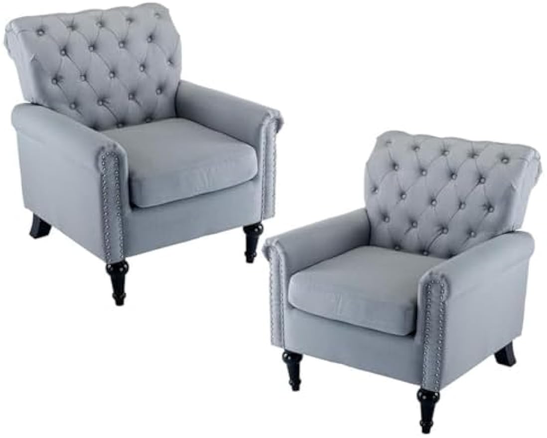 Upholstered Accent Chairs,Mid Century Armchair Sofa Chairs,Comfy Living Room Chair,Button Tufted Reading Chair for Living Room, Bedroom,Study (2, Grey)