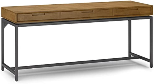SIMPLIHOME Banting Desk - 72-Inch Wide Solid Hardwood and Metal Writing Desk in Medium Saddle Brown, Modern Industrial Home Office Computer Table for Study with 2 Drawers and Flip-Down Keyboard Tray