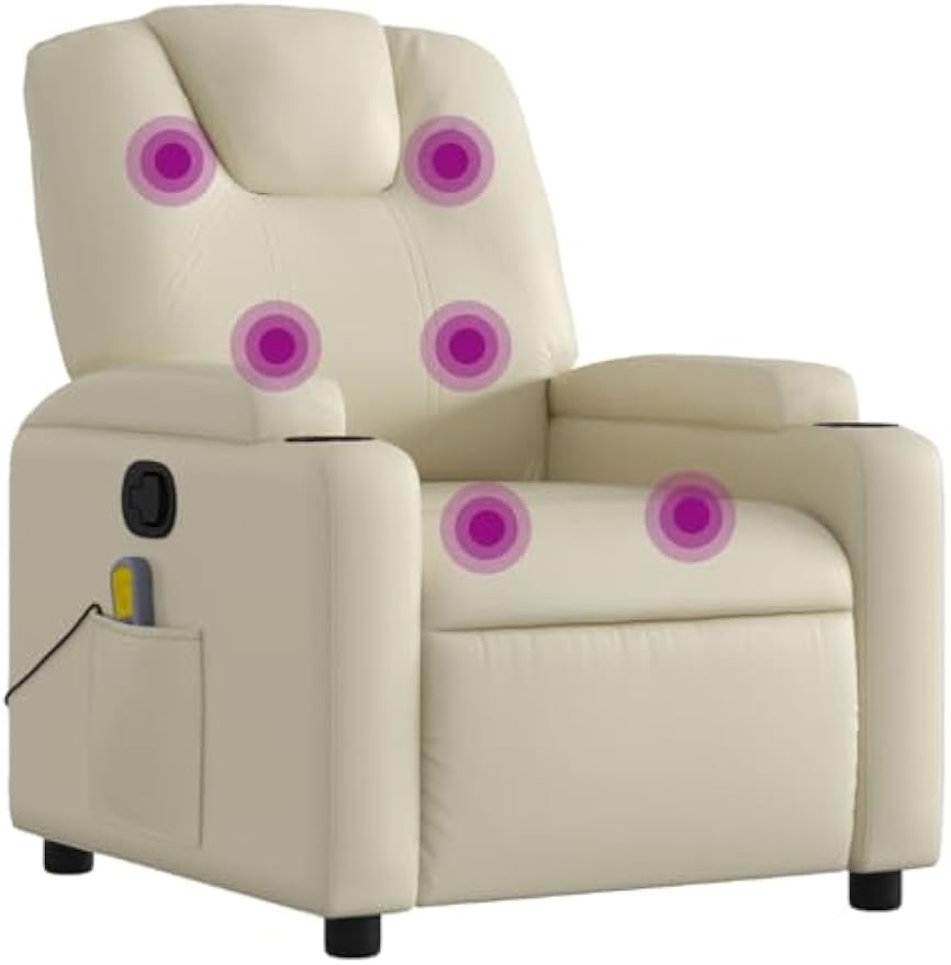 vidaXL Cream Faux Leather Massage Recliner Chair - Manual Recline, Vibration Massage, Convenient Cup Holders, Durable & Comfortable - Ideal for Living Room, Home Office, Lounge