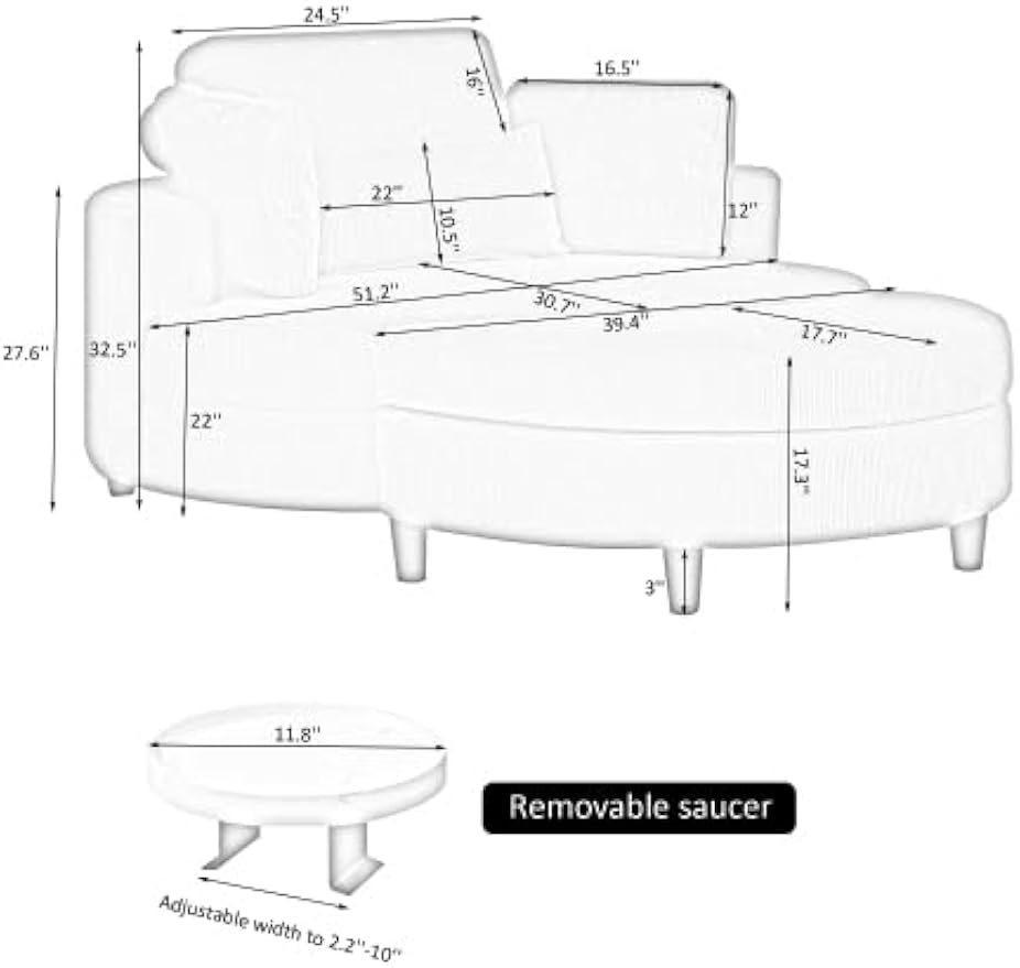 51" Oversized Round Accent Barrel Chair Leisure Chaise Lounge w/Removable Headrest and Cup Tray, Corduroy Upholstered Reading Armchair with Half Moon Storage Ottoman for Living Room Hotel Lobby