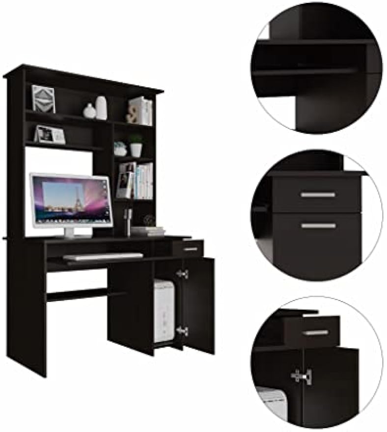 Bellemave Computer Desk with Hutch and Keyboard Tray, Home Office Desks with Drawers and Storage Shelves, Writing Study Desk Table, Modern Compact Workstation, Black