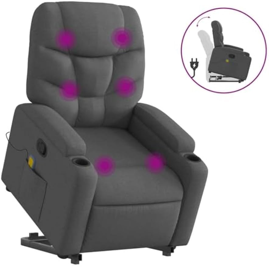 vidaXL Power Lift Massage Recliner Chair-Manual Recliner with Cup Holder/Armchair for Elderly-Dark Gray Fabric-Relaxing Lounge Armchair for Living Room, 3206043