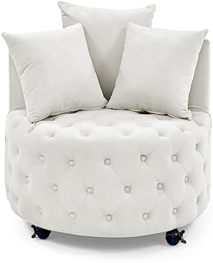 Velvet Upholstered Living Room Swivel, Button Tufted Design and Movable Wheels,Modern Style Home Office Rotary Sofa Chair,w/ 3 Pillows,for Bedroom,Hotel,Apartment,Beige