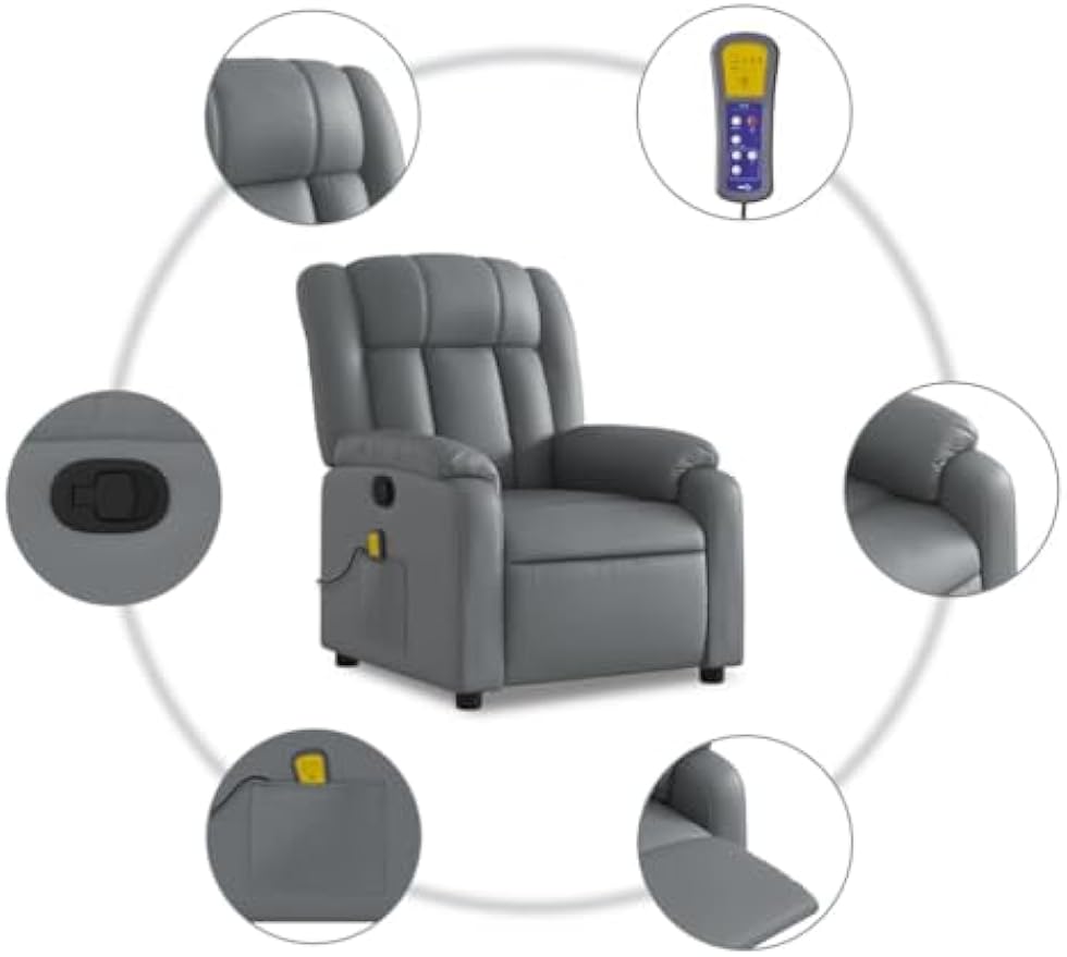 vidaXL Modern Gray Massage Recliner Chair Faux Leather Ergonomic Vibration Reclining Armchair Adjustable for Living Room Bedroom Single Sofa Office Push