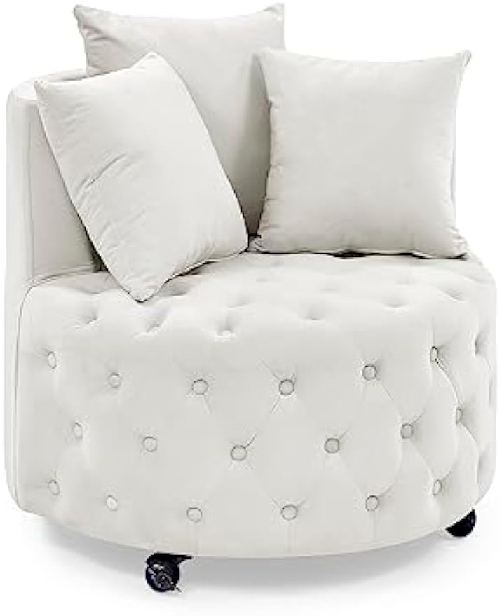 Velvet Upholstered Living Room Swivel, Button Tufted Design and Movable Wheels,Modern Style Home Office Rotary Sofa Chair,w/ 3 Pillows,for Bedroom,Hotel,Apartment,Beige