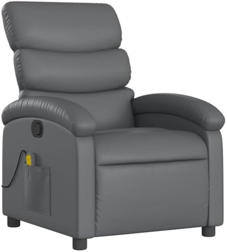 vidaXL Massage Recliner Chair for Adults, Single Theater Seating with Vibration Massage & Manually Adjustable Backrest/Footrest, Modern Reclining Sofa for Living Room, Gray Leather
