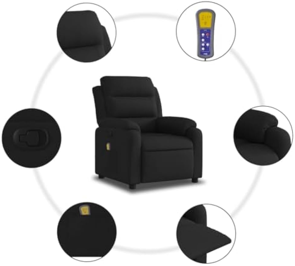 vidaXL Black Fabric Massage Recliner Chair with Storage and Functionality for Living Room Bedroom Comfort Reclining Armchair Office Modern TV Adjustable Single Sofa