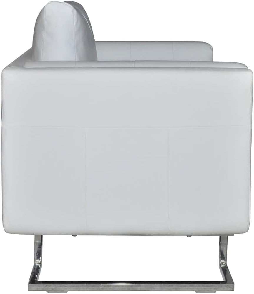 vidaXL Cube Armchair with Chrome Feet in White Faux Leather for Modern Living Rooms and Bedrooms Comfortable Stylish Seating Reading Relaxation French Armchairs Room Chairs Chair Bedroom