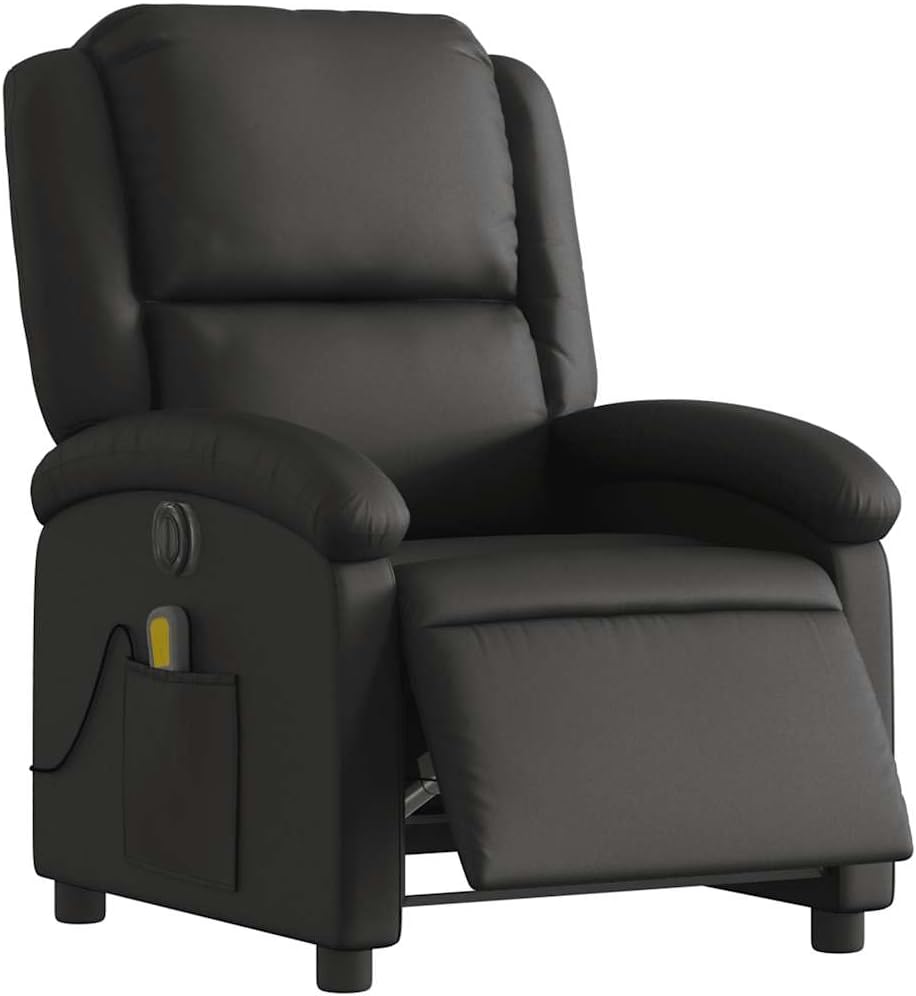 vidaXL Massage Recliner Chair for Elderly - Gray Real Leather, Manual Recline, Vibration Massage, Side Pocket, Sturdy Frame, Comfortable Armchair for Living Room/Bedroom