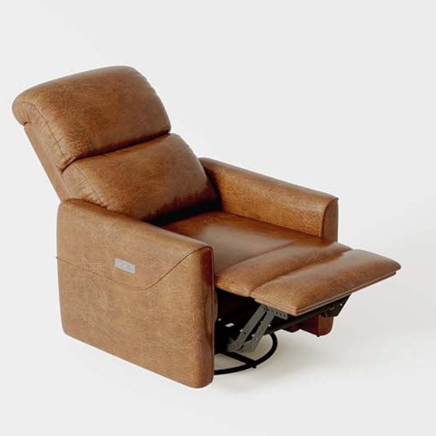 Swivel Rocking Recliner Chair, Power Recliner Glider with Double Handrail & Faux Leather Upholstery, Comfortable Rocker Recliner for Living Room, Bedroom, Nursery (Power, Camel)