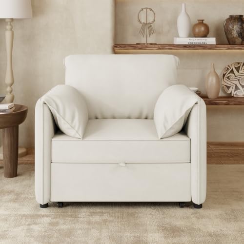 Sleeper Sofa Chair 3-in-1 Convertible, Pullout Sofa Bed with Adjustable Backrest and Thicked Cushions, Linen Fabric Armchair for Living Room, Bedroom, Apartment (White)