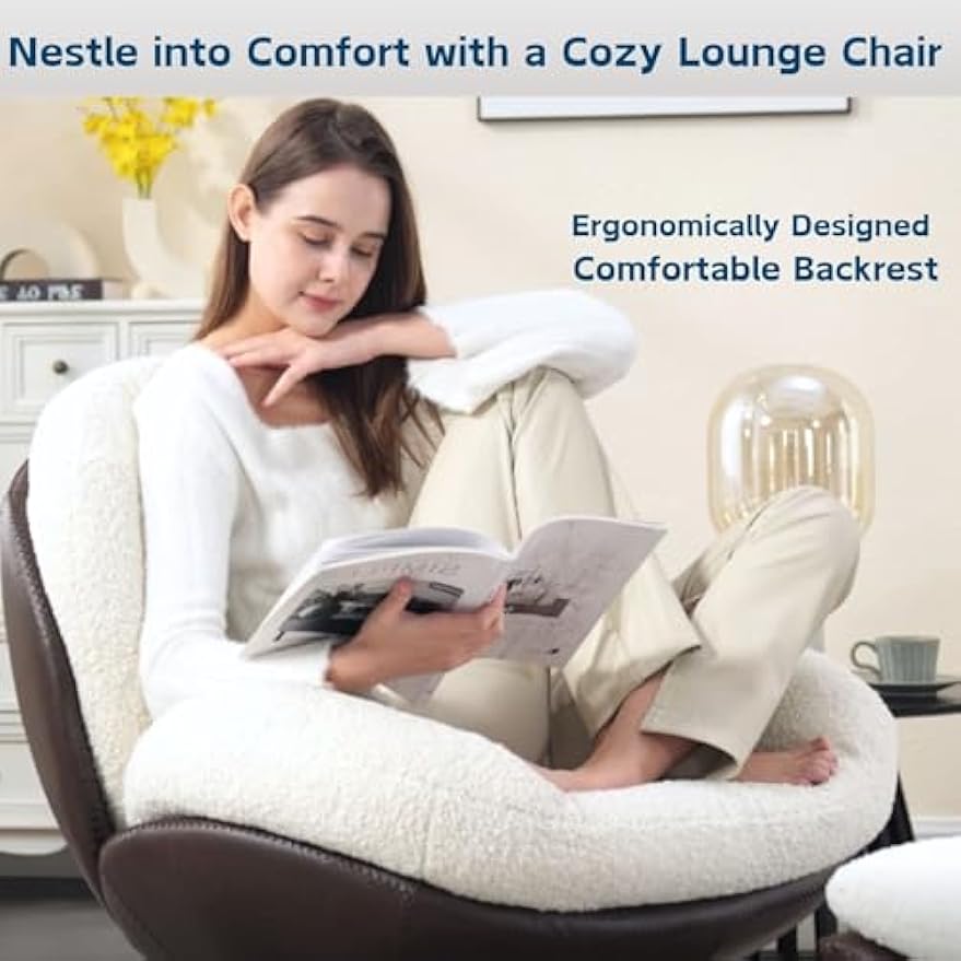 Swivel Sherpa Accent Chair with Ottoman, Mid Century Modern Lounge Chair with Footrest, Comfy Reading Chair with 360 Degree Metal Base for Small Space/Living Room/Bedroom, White Fur