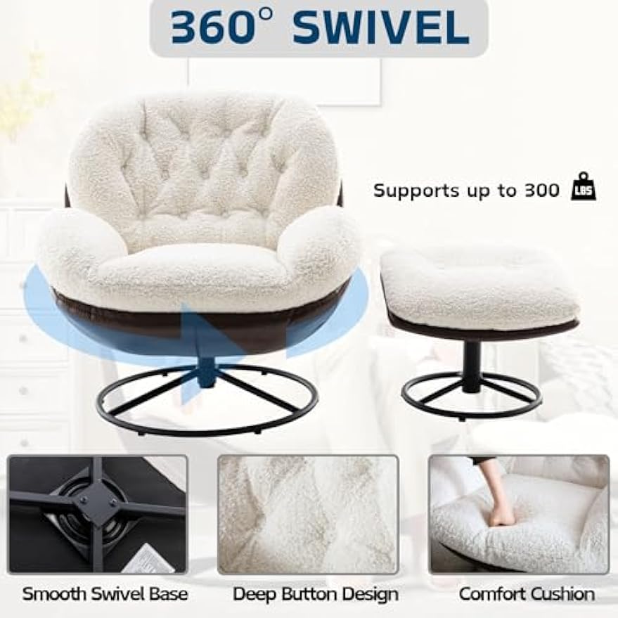 Swivel Sherpa Accent Chair with Ottoman, Mid Century Modern Lounge Chair with Footrest, Comfy Reading Chair with 360 Degree Metal Base for Small Space/Living Room/Bedroom, White Fur