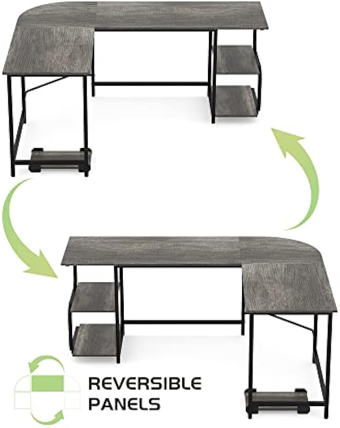 Teraves Reversible L Shaped Desk with Large Surface, 61 Inch Sturdy Corner Desk with Storage Shelves, Premium Office Computer Desk Workstation for Home Office Gaming