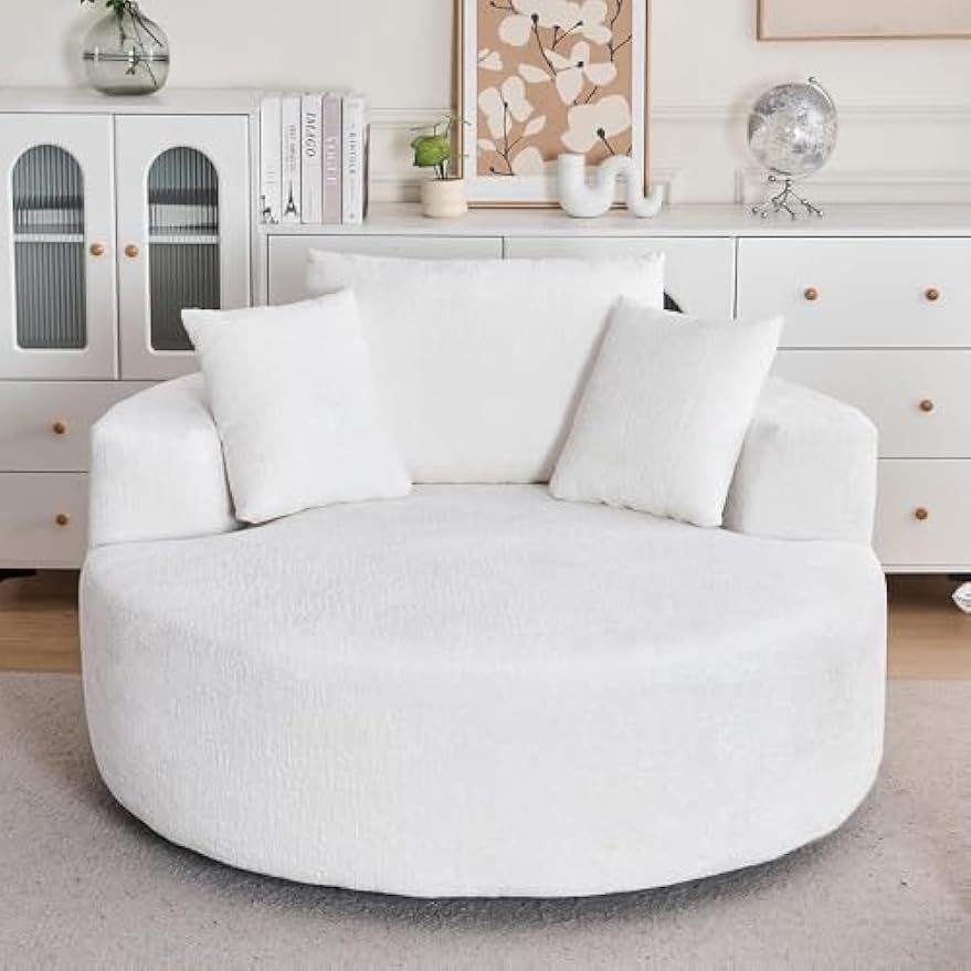 54" W Oversized Round Swivel Accent Barrel Chair Lounge Chaise Indoor, 360° Rotating Chenille Upholstered Cloud Large Circle Chair,No Assembly Wide Deep Seat Single Sofa Armchair for Living Room