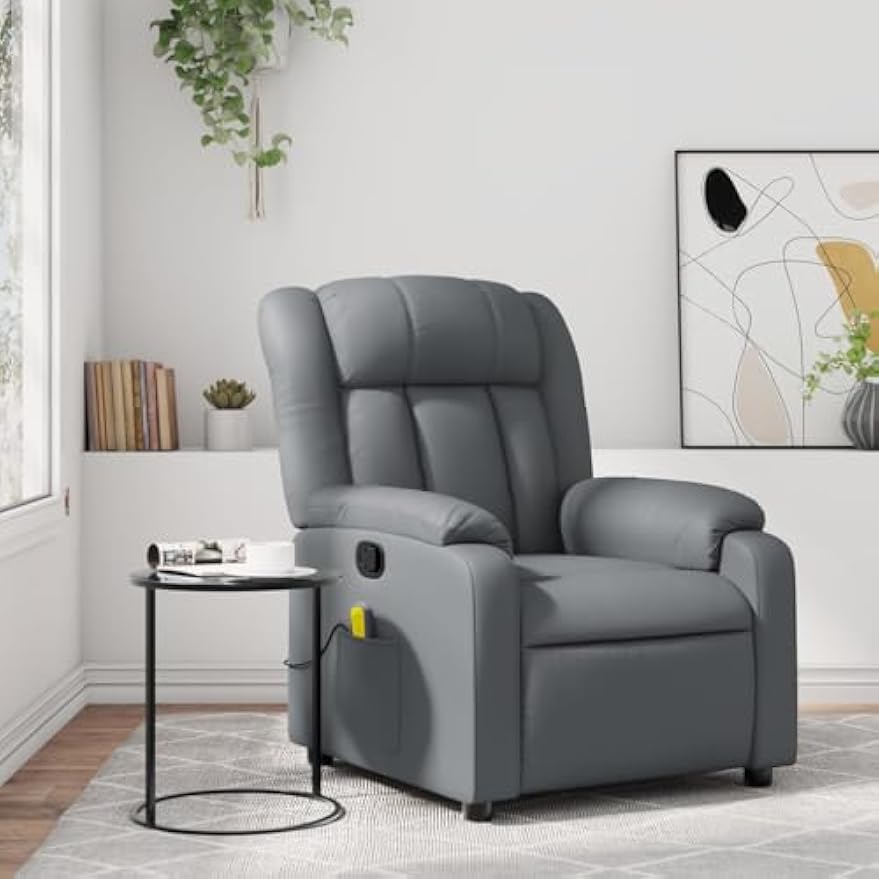 vidaXL Modern Gray Massage Recliner Chair Faux Leather Ergonomic Vibration Reclining Armchair Adjustable for Living Room Bedroom Single Sofa Office Push