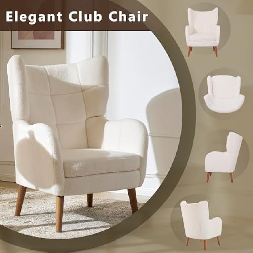 Accent Chair, Ivory White, Modern Retro Club Chair, Birch Frame, Upholstered Teddy Wool Fabric, Single Sofa Armchair for Small Spaces, Living Room, Bedroom, Reading Corner, Balcony,Office
