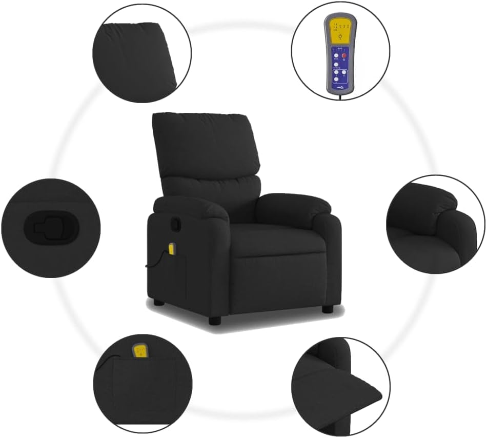 vidaXL Black Fabric Massage Recliner Chair-Manual Reclining Armchair with Vibration Massage, Side Pocket, Thick Padding for Living Room