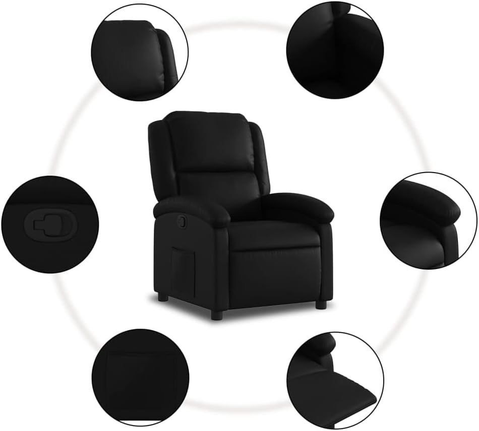 vidaXL Black Faux Leather Recliner Chair - Manual Recline, Wingback, Foam Padding, Side Pocket, Wood/Metal Frame for Living Room/Theater