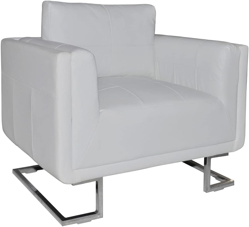 vidaXL Cube Armchair with Chrome Feet in White Faux Leather for Modern Living Rooms and Bedrooms Comfortable Stylish Seating Reading Relaxation French Armchairs Room Chairs Chair Bedroom