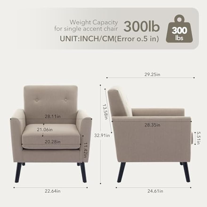 Accent Chair for Living Room Chairs,Mid Century Modern Armchair Comfy Upholstered Reading Accent Chairs,Single Sofa Chair With Wood Legs & Thicker Seat Cushion for Living Room Bedroom,2PCS Grey