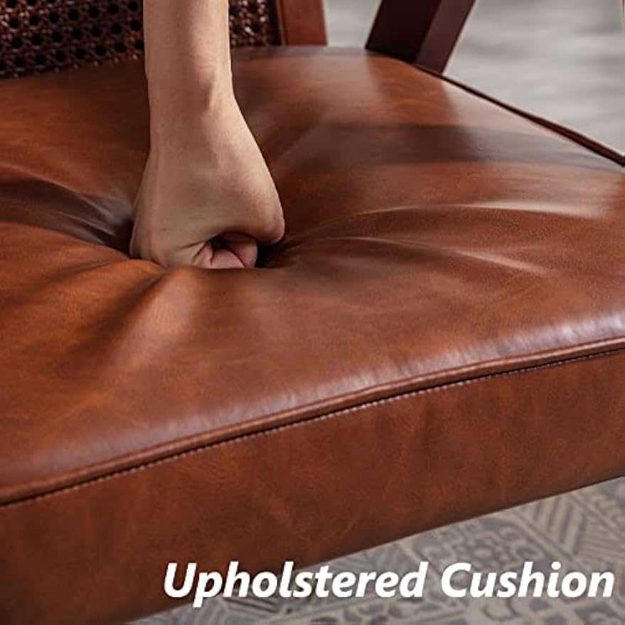 ZHENGHAO Brown Leather Accent Chairs Set of 2, Mid Century Modern Rattan Chairs with Armrest, Upholstered Comfy Leisure Chair for Living Room/Bedroom/Fireplace, Brown, Leather Brown