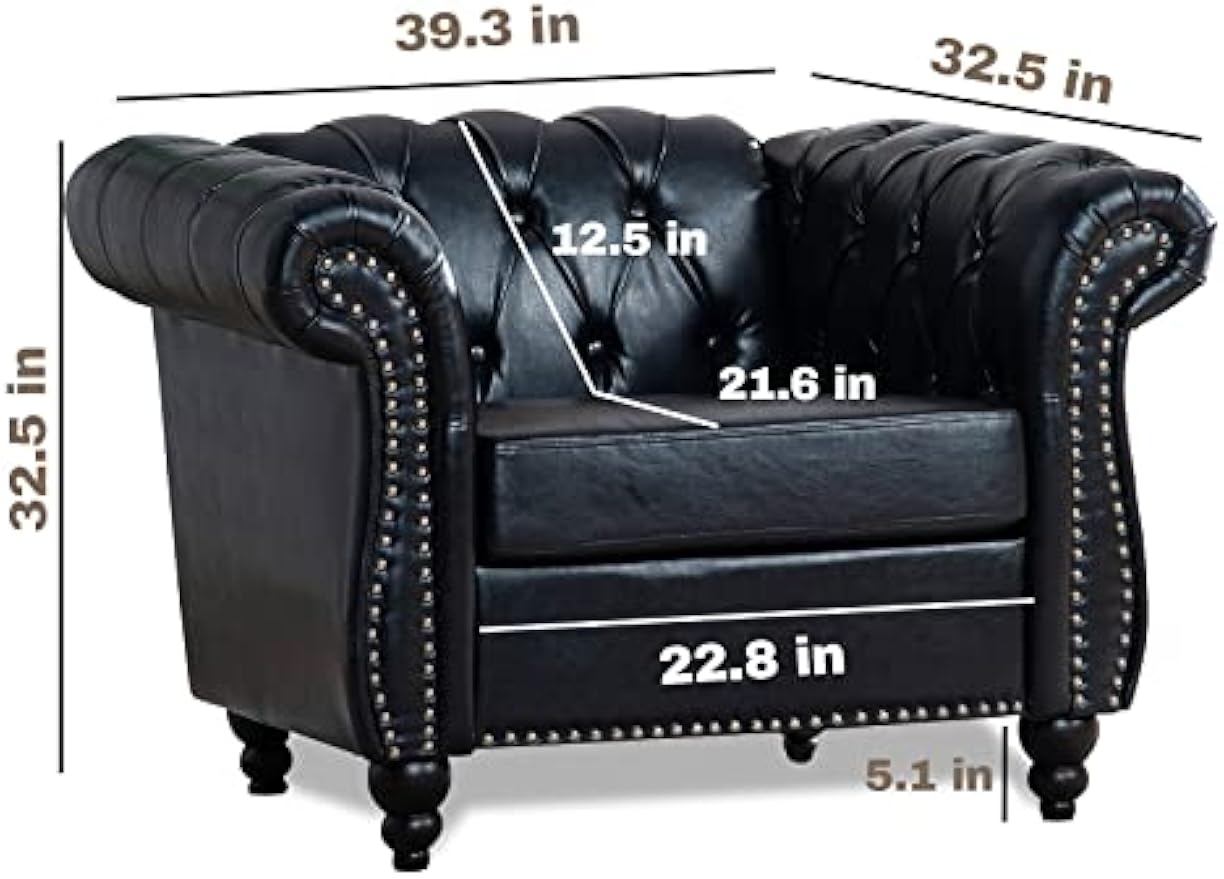 Black Faux Leather Chesterfield Accent Chair with Tufted Upholstery, Wingback Design & Club Style for Living Room, Bedroom, Office Furniture