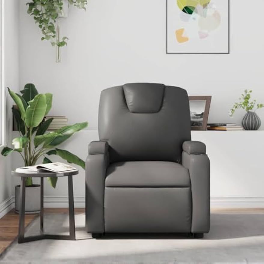 vidaXL Gray Faux Leather Recliner Chair with Manual Recline, Cup Holders and Side Pocket for Living Room, Bedroom Comfort