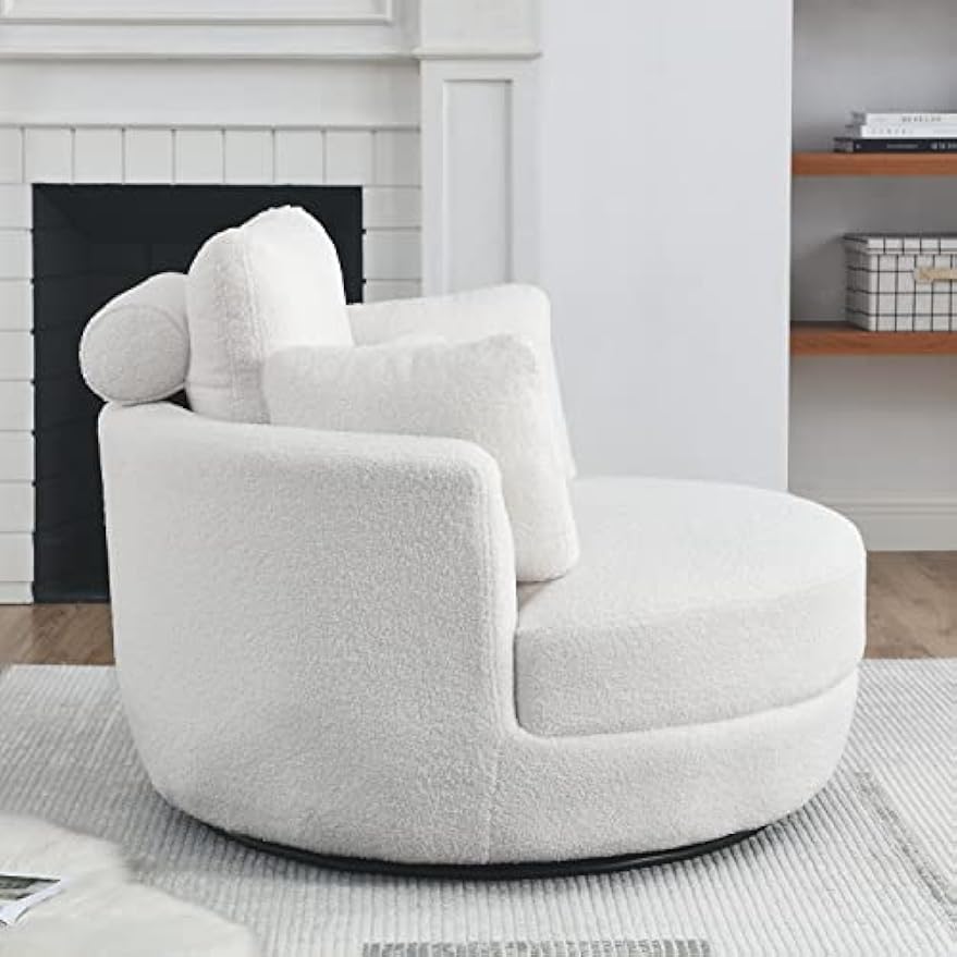 39" W Oversized Swivel Chair Barrel Armchair with Half Moon Storage Ottoman for Living Room, Sherpa Teddy Upholstered Leisure Lounger Chair Circle Round Armchair with 4 Pillows for Bedroom Nursery