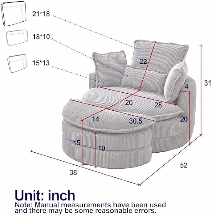 Bellemave Oversized Swivel Chair with Moon Storage Ottoman Modern Accent Round Chair Upholstered Armchair, Swivel Barrel Chairs with Pillows for Living Room, Bedroom, Reception Room (Beige)
