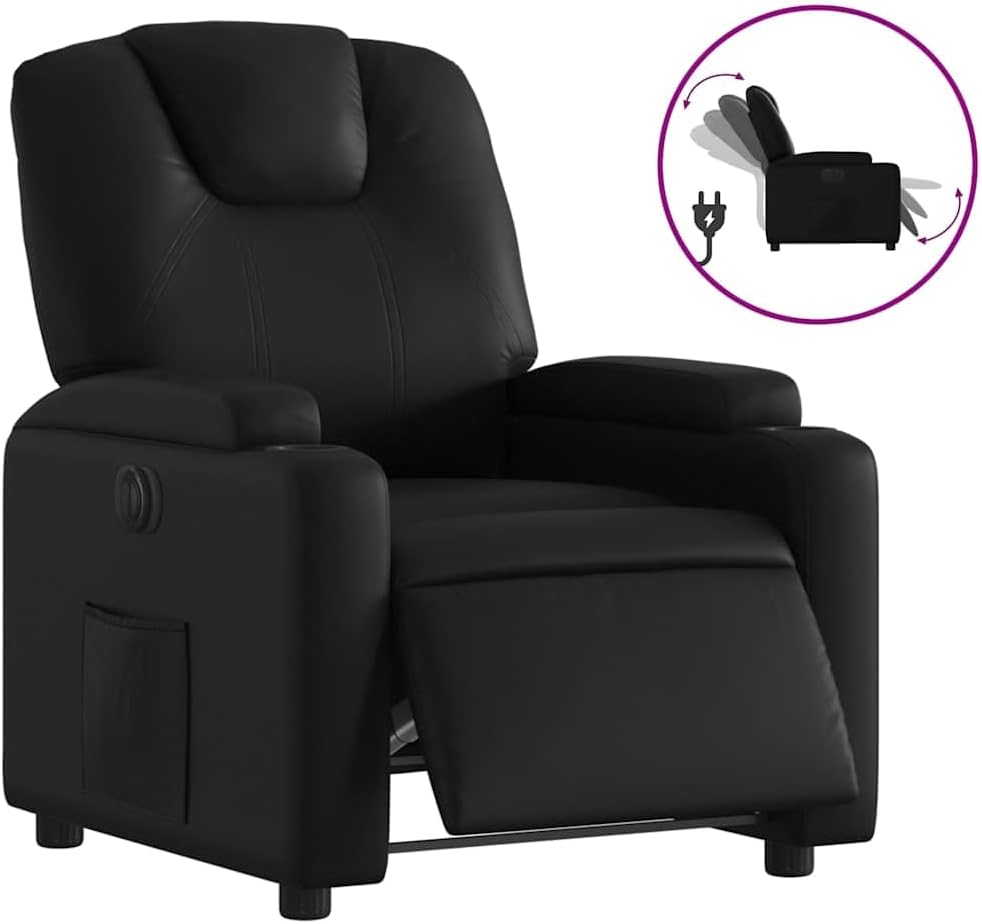 vidaXL Black Faux Leather Electric Recliner Chair - Motorized Reclining Armchair with Cup Holders for Living Room/Office