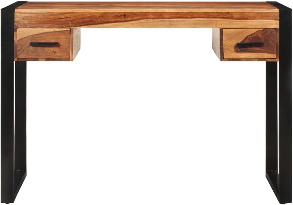 vidaXL Solid Wood Desk - Industrial Style Writing Desk with 2 Drawers, Durable Steel Frame, Multifunctional Home Office Furniture, 43.3"x19.7"x30.3"