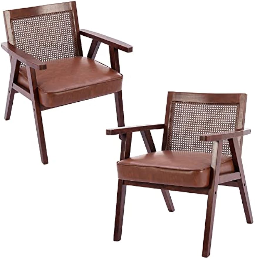 ZHENGHAO Brown Leather Accent Chairs Set of 2, Mid Century Modern Rattan Chairs with Armrest, Upholstered Comfy Leisure Chair for Living Room/Bedroom/Fireplace, Brown, Leather Brown