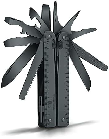 Victorinox Swiss Tool BS, 24 Function Swiss Made MultiTool with 2 Blades (Large and Serrated), 5 Screwdrivers, Pliers and Chisel - Black