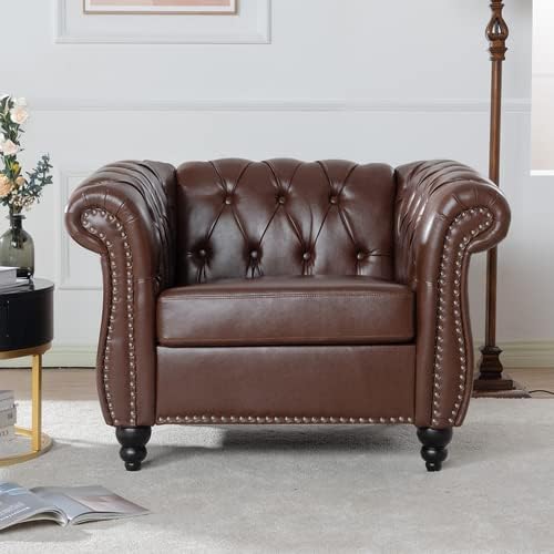 Single Sofa Chair,Modern PU Leather Button Tufted Upholstered Armchair with Rolled Arms,Chesterfield Accent Club Armchair with Solid Wood Legs for Living Room Bedroom Office, Dark Brown
