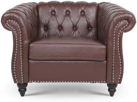 Single Sofa Chair,Modern PU Leather Button Tufted Upholstered Armchair with Rolled Arms,Chesterfield Accent Club Armchair with Solid Wood Legs for Living Room Bedroom Office, Dark Brown
