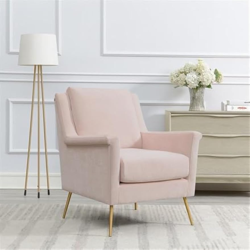 BOWERY HILL Living Room Wood Fabric Upholstered Accent Chair in Blush Pink