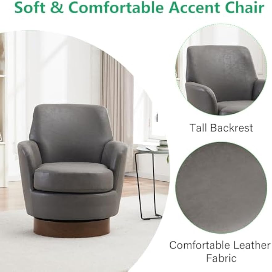Swivel Barrel Chair Set of 2,Modern Comfy PU Leather Round Swivel Accent Chairs,360 Degree Single Armchair for Living Room, Grey
