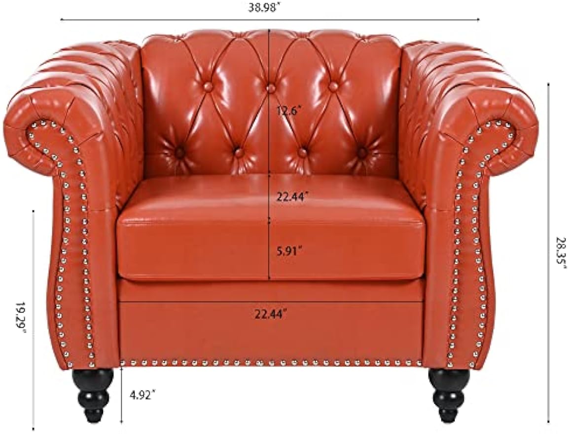 Bellemave Orange Leather Chesterfield Tufted Club Chair, Single, Modern, Traditional, Living Room, Bedroom, Office