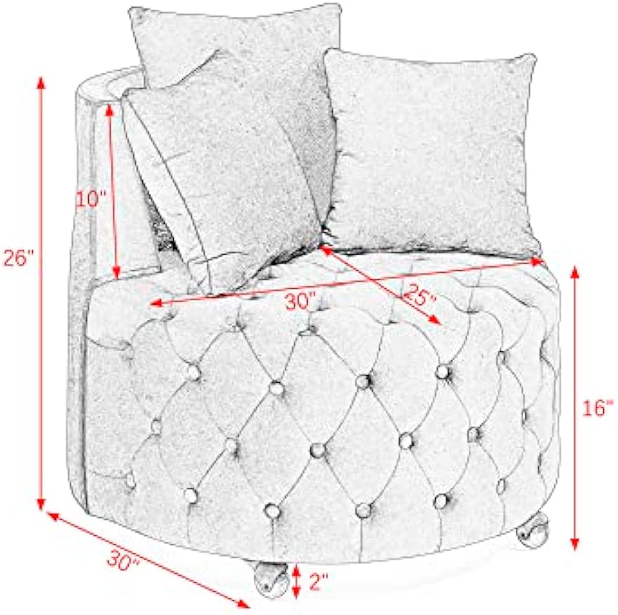 Velvet Upholstered Living Room Swivel, Button Tufted Design and Movable Wheels,Modern Style Home Office Rotary Sofa Chair,w/ 3 Pillows,for Bedroom,Hotel,Apartment,Beige