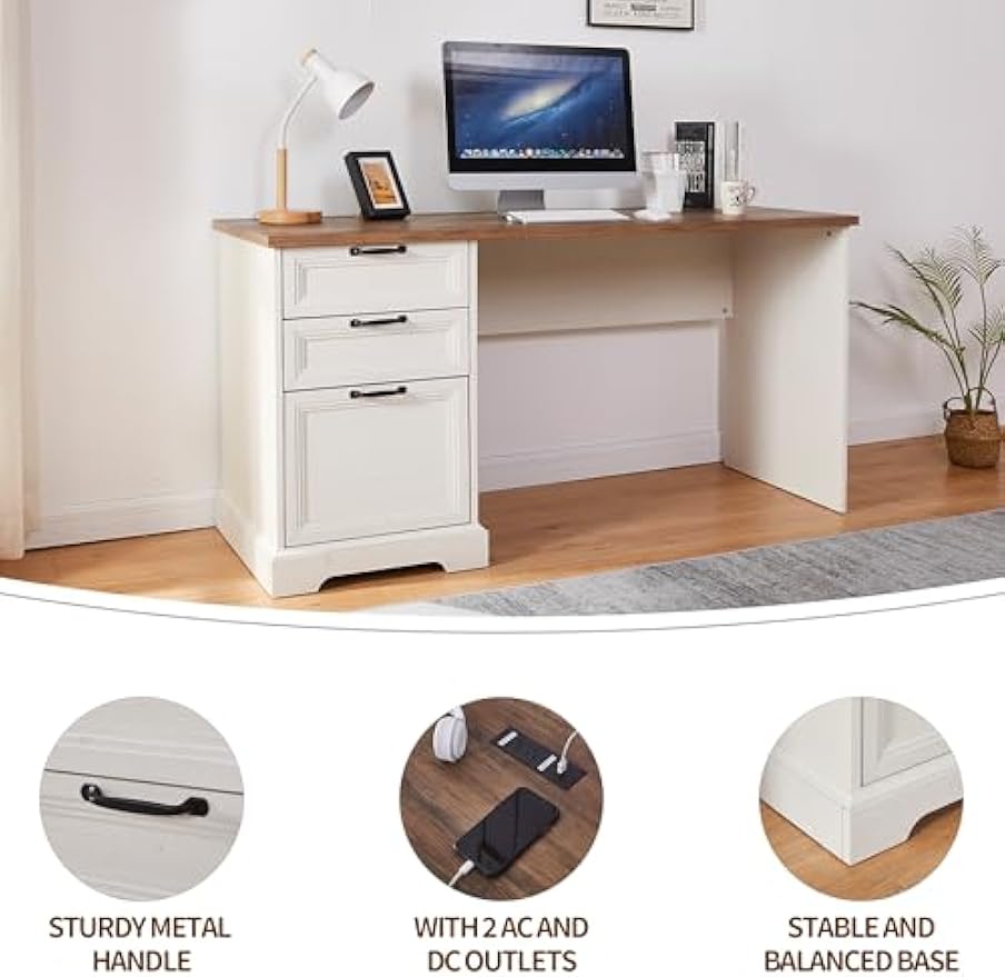 60" Farmhouse Executive Desk and 40" Mobile File Cabinet Combination,L Shaped Executive Desk with Charging Station,Home Office Desk for Office Work,Home Study